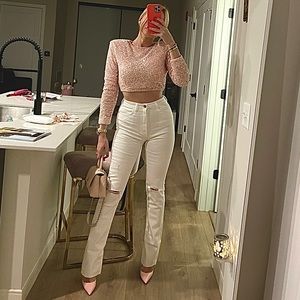 ZARA FLARED RIPPED SLIM FIT SKINNY SPLIT END WHITE JEANS HIGH RISE 34/US2